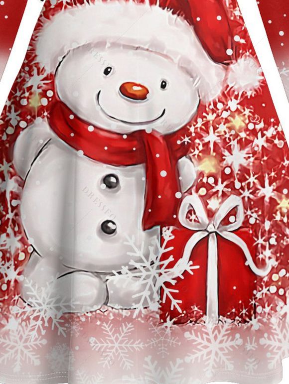 Robe Ligne A Mi-Longue Croisée Ceinturée Flocon de Neige Mignon Imprimé à Manches Longues - Rouge XXXL | US 16