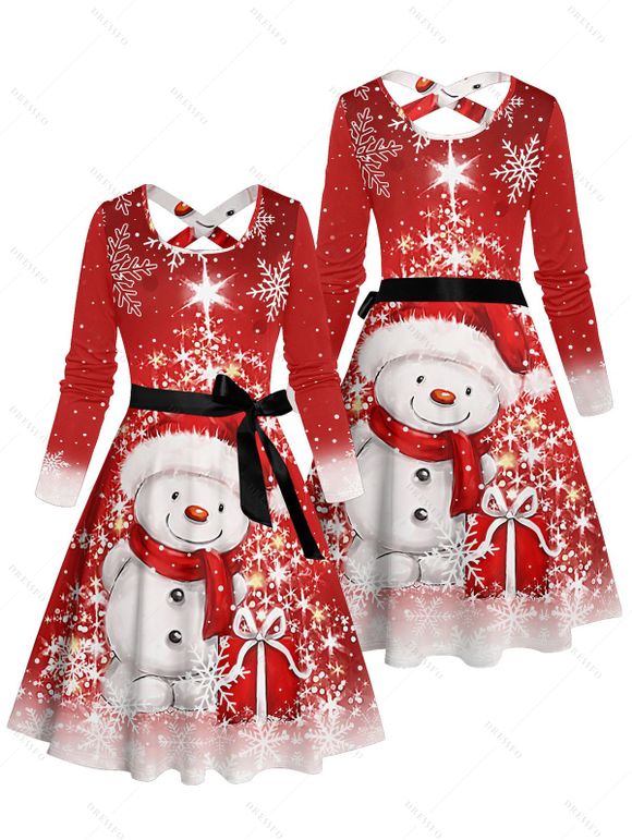 Robe Ligne A Mi-Longue Croisée Ceinturée Flocon de Neige Mignon Imprimé à Manches Longues - Rouge XXXL | US 16