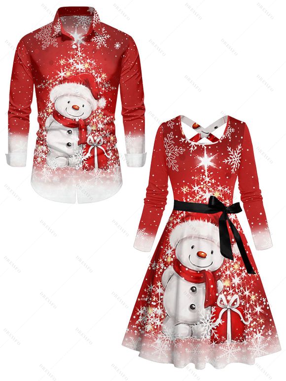 Christmas Cute Snowman Snowflake Print Belted Dress And Long Sleeve Shirt Matching Outfit - Rouge S | US 4