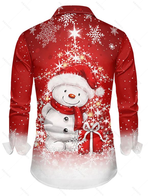 Chemise de Noël Boutonnée Flocon de Neige Mignon Imprimé à Manches Longues - Rouge 4XL