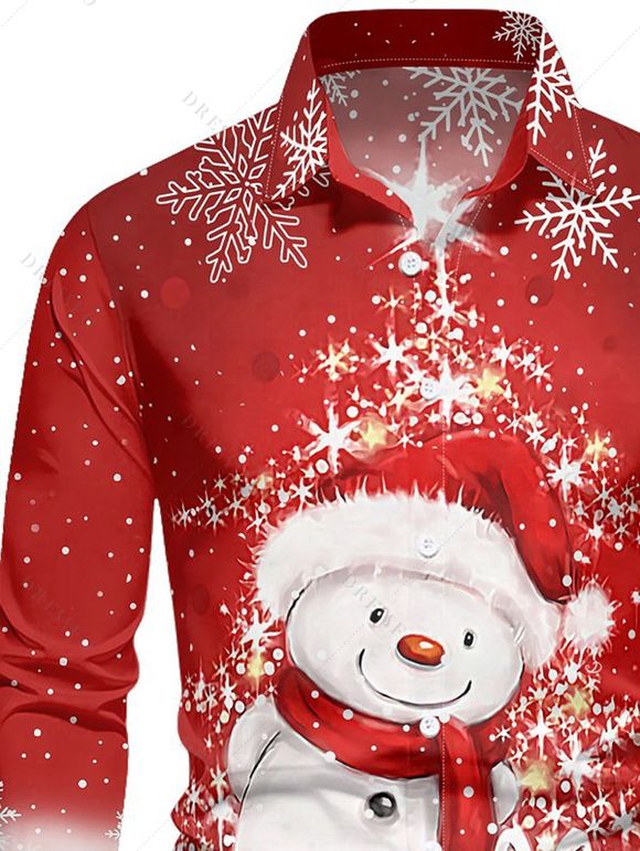 Chemise de Noël Boutonnée Flocon de Neige Mignon Imprimé à Manches Longues - Rouge 4XL