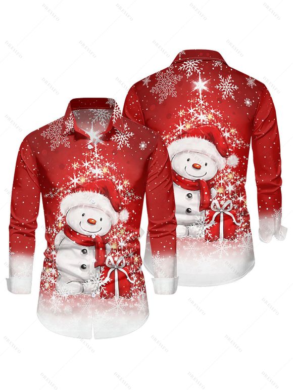 Chemise de Noël Boutonnée Flocon de Neige Mignon Imprimé à Manches Longues - Rouge 4XL