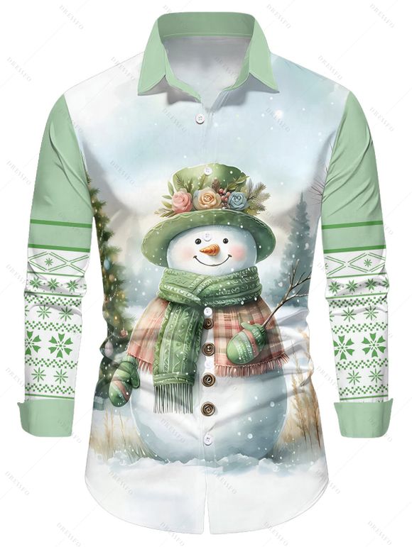 Chemise de Noël Boutonnée Flocon de Neige Mignon Imprimé à Manches Longues - Vert clair 5XL