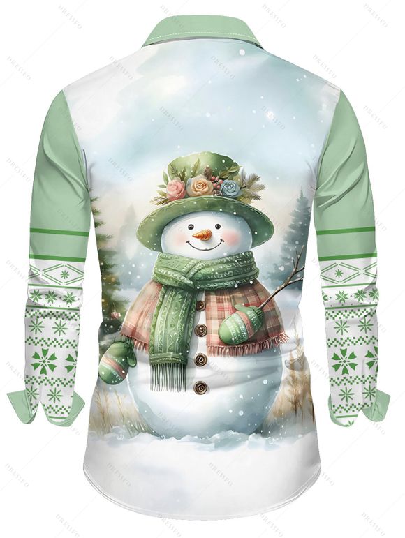 Chemise de Noël Boutonnée Flocon de Neige Mignon Imprimé à Manches Longues - Vert clair 2XL