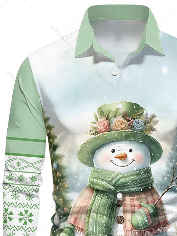 Chemise de Noël Boutonnée Flocon de Neige Mignon Imprimé à Manches Longues - Vert clair 2XL