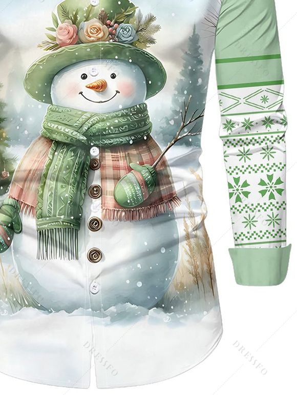 Chemise de Noël Boutonnée Flocon de Neige Mignon Imprimé à Manches Longues - Vert clair 2XL