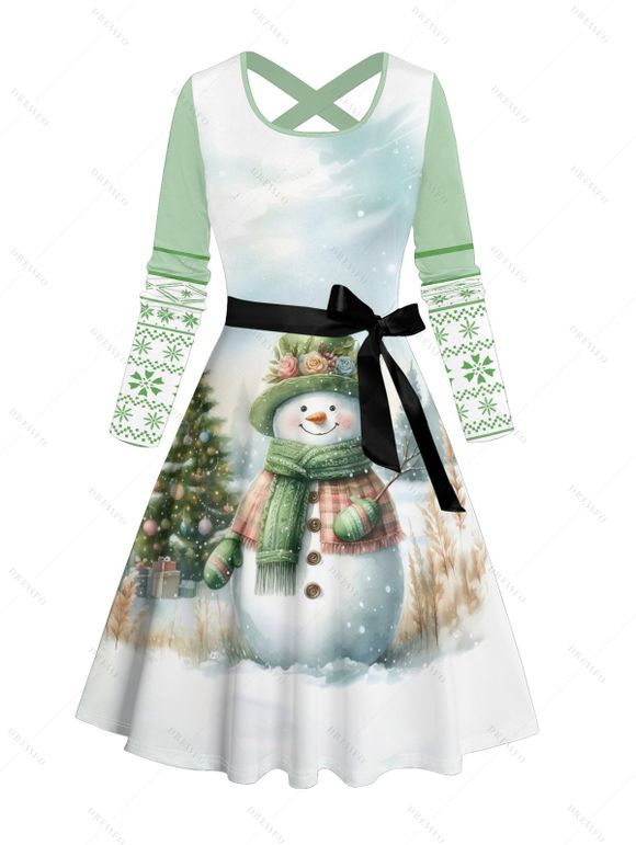 Robe Mi-Longue de Noël Croisée Ceinturée Flocon de Neige et Bonhomme de Neige Imprimés à Manches Longues - Vert clair XXXXXL | US 20