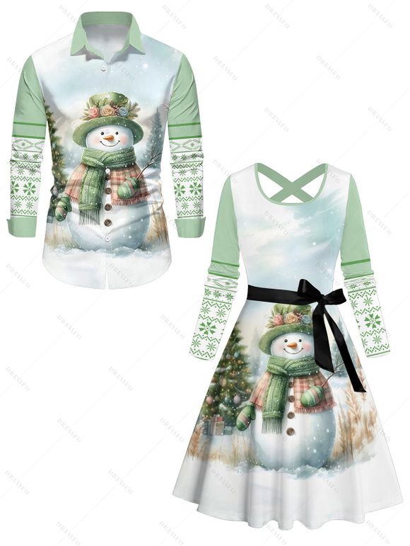 Christmas Snowflake Snowman Print Long Sleeve Belted Dress And Button Up Shirt Matching Outfit - Vert clair S | US 4