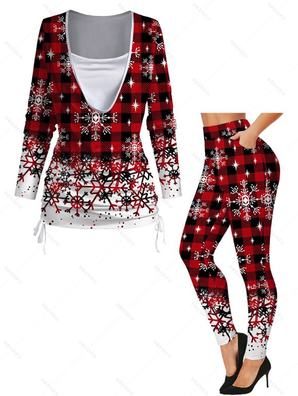 Christmas Snowflake Print Cinched Faux Twinset T-shirt and Elastic Waist Leggings Outfit - Rouge foncé S | US 4