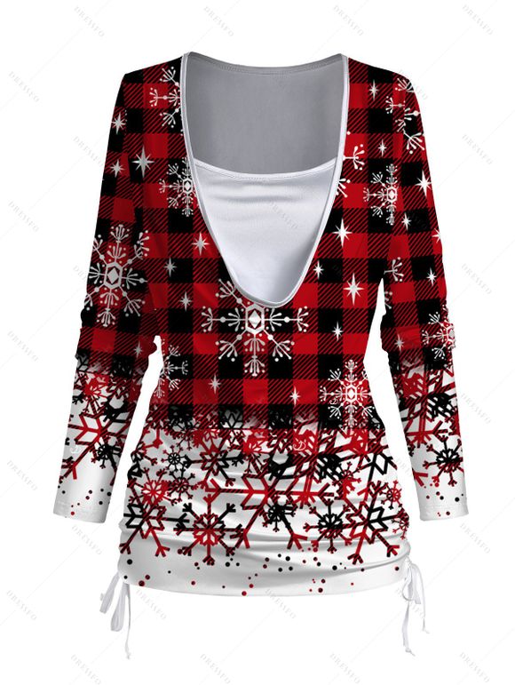Christmas Snowflake Print Cinched Faux Twinset T-shirt and Elastic Waist Leggings Outfit - Rouge foncé S | US 4