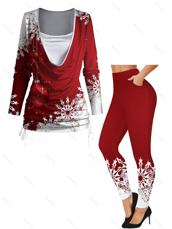 Christmas Snowflake Print Cinched Faux Twinset T-shirt and Elastic Waist Leggings Outfit - Rouge S | US 4