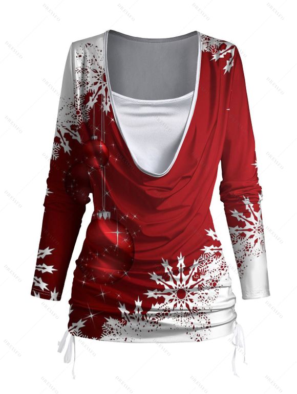 Christmas Snowflake Print Cinched Faux Twinset T-shirt and Elastic Waist Leggings Outfit - Rouge S | US 4
