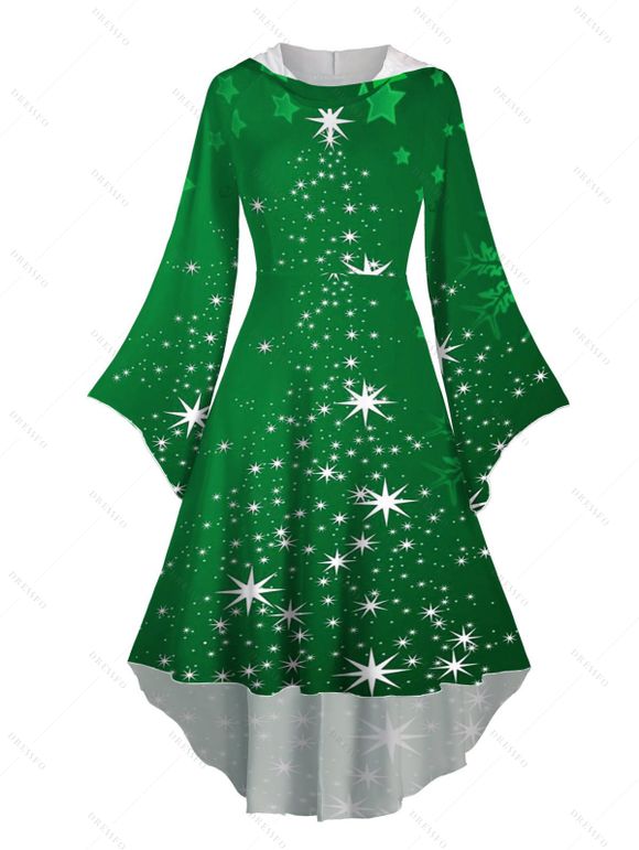 Christmas Snowflake Star Sparkle Light Print Flare Sleeve High Low Hooded Dress And Button Up Long Sleeve Shirt Outfit - Vert S | US 4