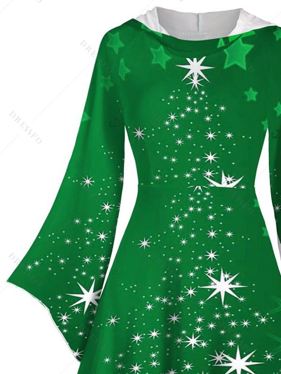 Christmas Snowflake Star Sparkle Light Print Flare Sleeve High Low Hooded Dress And Button Up Long Sleeve Shirt Outfit - Vert S | US 4