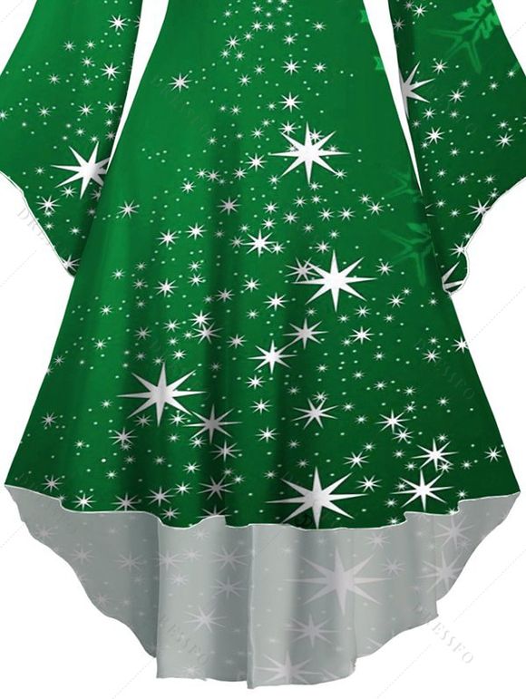 Christmas Snowflake Star Sparkle Light Print Flare Sleeve High Low Hooded Dress And Button Up Long Sleeve Shirt Outfit - Vert S | US 4
