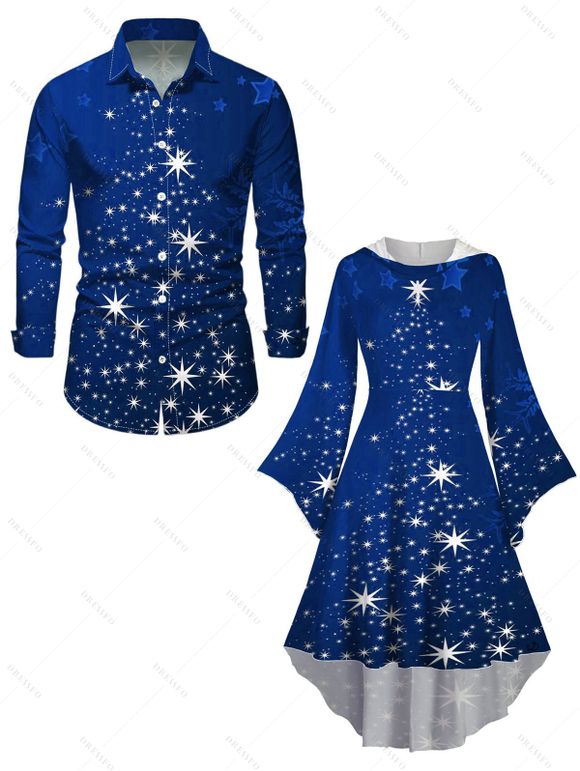 Christmas Snowflake Star Sparkle Light Print Flare Sleeve High Low Hooded Dress And Button Up Long Sleeve Shirt Outfit - Bleu S | US 4