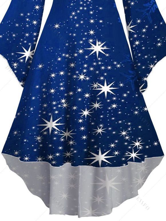 Christmas Snowflake Star Sparkle Light Print Flare Sleeve High Low Hooded Dress And Button Up Long Sleeve Shirt Outfit - Bleu S | US 4
