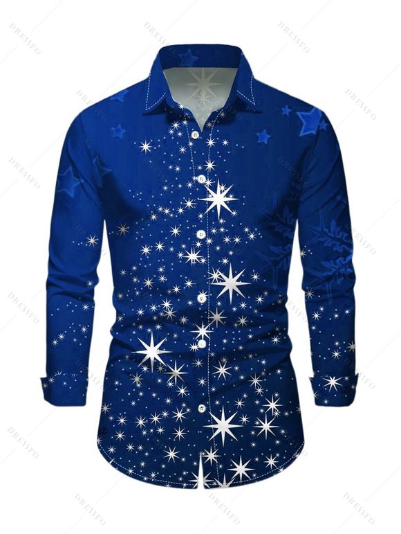 Christmas Snowflake Star Sparkle Light Print Flare Sleeve High Low Hooded Dress And Button Up Long Sleeve Shirt Outfit - Bleu S | US 4