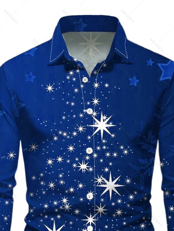 Christmas Snowflake Star Sparkle Light Print Flare Sleeve High Low Hooded Dress And Button Up Long Sleeve Shirt Outfit - Bleu S | US 4