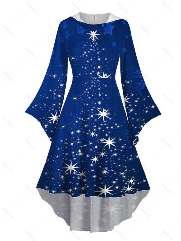 Robe à Capuche Mi-Longue Haute Basse Etoile Lumière et Flocon de Neige de Noël Imprimés à Manches Evasées - Bleu XXL | US 14