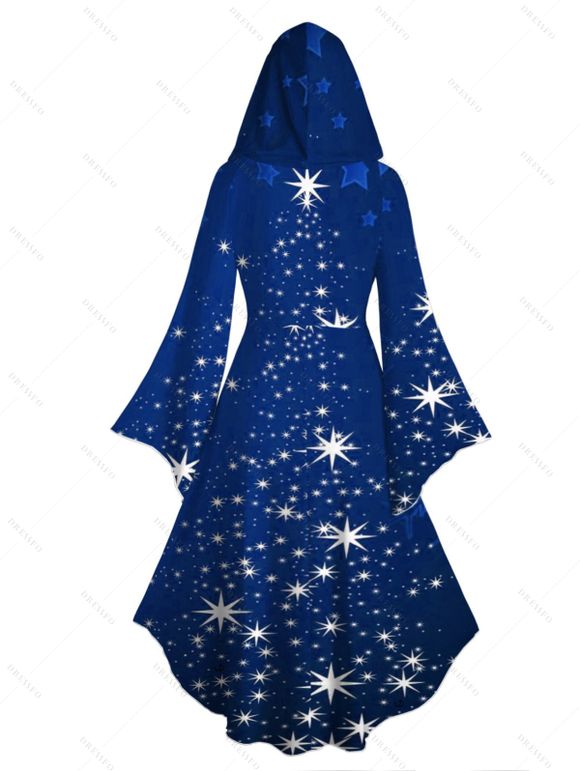 Robe à Capuche Mi-Longue Haute Basse Etoile Lumière et Flocon de Neige de Noël Imprimés à Manches Evasées - Bleu XL | US 12