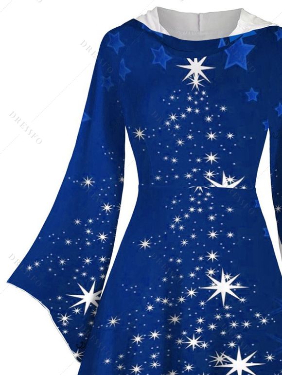 Robe à Capuche Mi-Longue Haute Basse Etoile Lumière et Flocon de Neige de Noël Imprimés à Manches Evasées - Bleu XL | US 12
