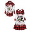 Christmas Snowman Snowflake Letter Plaid Print Belted Dress And Long Sleeve Button Up Shirt Matching Outfit - Rouge foncé S | US 4