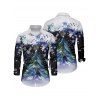 Chemise Col Rabattu Boutonnée Imprimé Flocons de Neige et Sapin de Noël - Bleu de Minuit 5XL