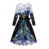 Robe Ligne A Ceinturée Croisé Flocon de Neige et Sapin de Noël Imprimés à Manches Longues - Bleu de Minuit XXXXXL | US 20