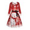 Christmas Cute Snowman Snowflake Print Belted Dress Long Sleeve Crisscross A Line Midi Dress