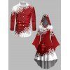 Christmas Ball Snowflake Print Flutter Sleeve High Low Hooded Dress And Long Sleeve Button Up Shirt Matching Outfit