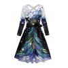 Christmas Tree Snowflake Print Belted Midi Dress And Button Up Long Sleeve Shirt Matching Outfit - Bleu de Minuit S | US 4