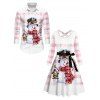 Christmas Snowman Plaid Print Belted Dress And Long Sleeve Button Up Shirt Matching Outfit - Rose clair S | US 4