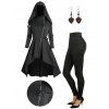 Oblique Zip Up Buckle Strap High Low Hooded Coat And Grommet Waist Long Skinny Pants Heart Rose Rivet Drop Earrings Outfit - Noir S | US 4