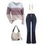 Colorblock Mock Button Drop Shoulder Textured Sweatshirt And Leaf Embroidery Double Buttons Jeans Shoulder Bag Flower Drop Earrings Outfit - multicolor A S | US 4