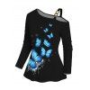 Butterfly Print Square Buckle Skew Collar Long Sleeve T-shirt And Lace Up Flare Jeans Wing Shape Drop Earrings Outfit - Noir S | US 4