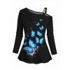 Butterfly Print Square Buckle Skew Collar Long Sleeve T-shirt And Lace Up Flare Jeans Wing Shape Drop Earrings Outfit - Noir S | US 4