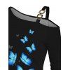 Butterfly Print Square Buckle Skew Collar Long Sleeve T-shirt And Lace Up Flare Jeans Wing Shape Drop Earrings Outfit - Noir S | US 4