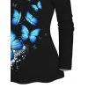 Butterfly Print Square Buckle Skew Collar Long Sleeve T-shirt And Lace Up Flare Jeans Wing Shape Drop Earrings Outfit - Noir S | US 4