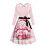 Cute Snowman Snowflake Print Belted Christmas Dress Long Sleeve Crisscross Midi Dress