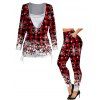 Christmas Snowflake Print Cinched Faux Twinset T-shirt and Elastic Waist Leggings Outfit - Rouge foncé S | US 4