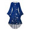 Robe à Capuche Mi-Longue Haute Basse Etoile Lumière et Flocon de Neige de Noël Imprimés à Manches Evasées - Bleu S | US 4