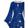 Robe à Capuche Mi-Longue Haute Basse Etoile Lumière et Flocon de Neige de Noël Imprimés à Manches Evasées - Bleu S | US 4