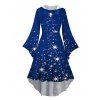 Robe à Capuche Mi-Longue Haute Basse Etoile Lumière et Flocon de Neige de Noël Imprimés à Manches Evasées - Bleu XXL | US 14