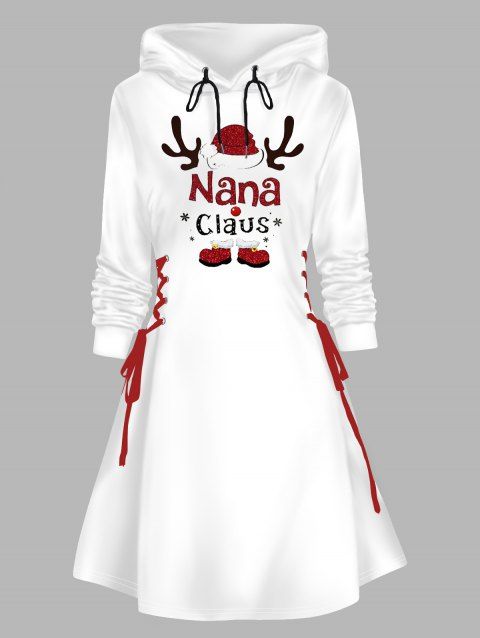 Robe courte trapèze à manches longues et capuche à lacets et motif élan de Noël