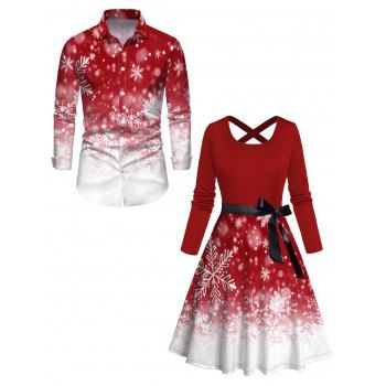 Christmas Ombre Snowflake Print Crisscross Bowknot Belted Dress and Long Sleeve Turn Down Collar Shirt Outfit