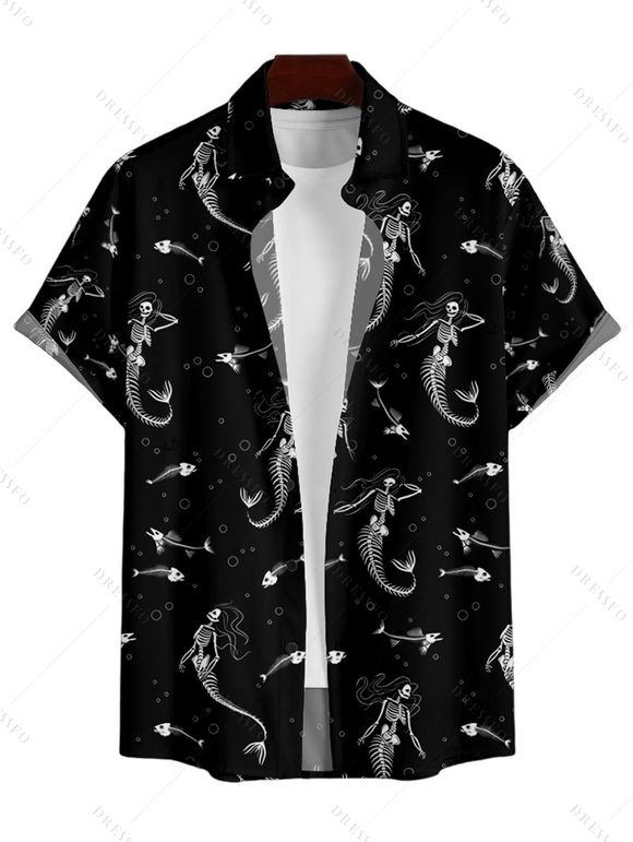 Chemise Décontractée Dinosaure Squelette Imprimés Boutonnée à Manches Courtes - Noir 5XL