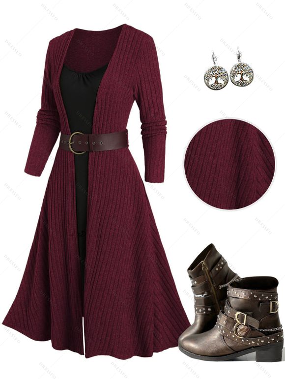 Rib Contrast Long Sleeve 2 In 1 Knit Dress and Zip Up Chunky Heel Punk Boots Life Tree Pattern Hoop Drop Earrings Outfit - Rouge foncé S | US 4