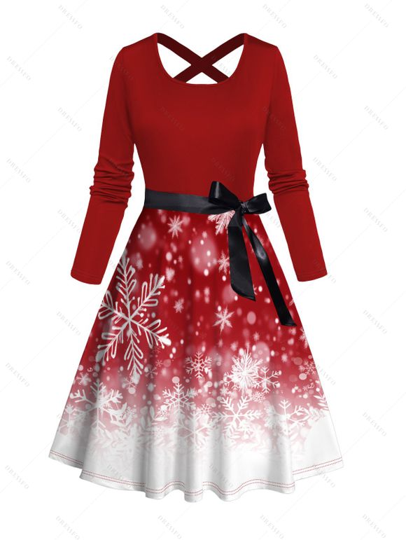 Robe Ligne A Ceinturée Croisé Ombré Flocon de Neige et Nœud Papillon à Taille Haute - Rouge XXXXXL | US 20