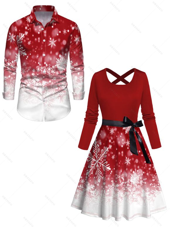 Christmas Ombre Snowflake Print Crisscross Bowknot Belted Dress and Long Sleeve Turn Down Collar Shirt Outfit - Rouge S | US 4